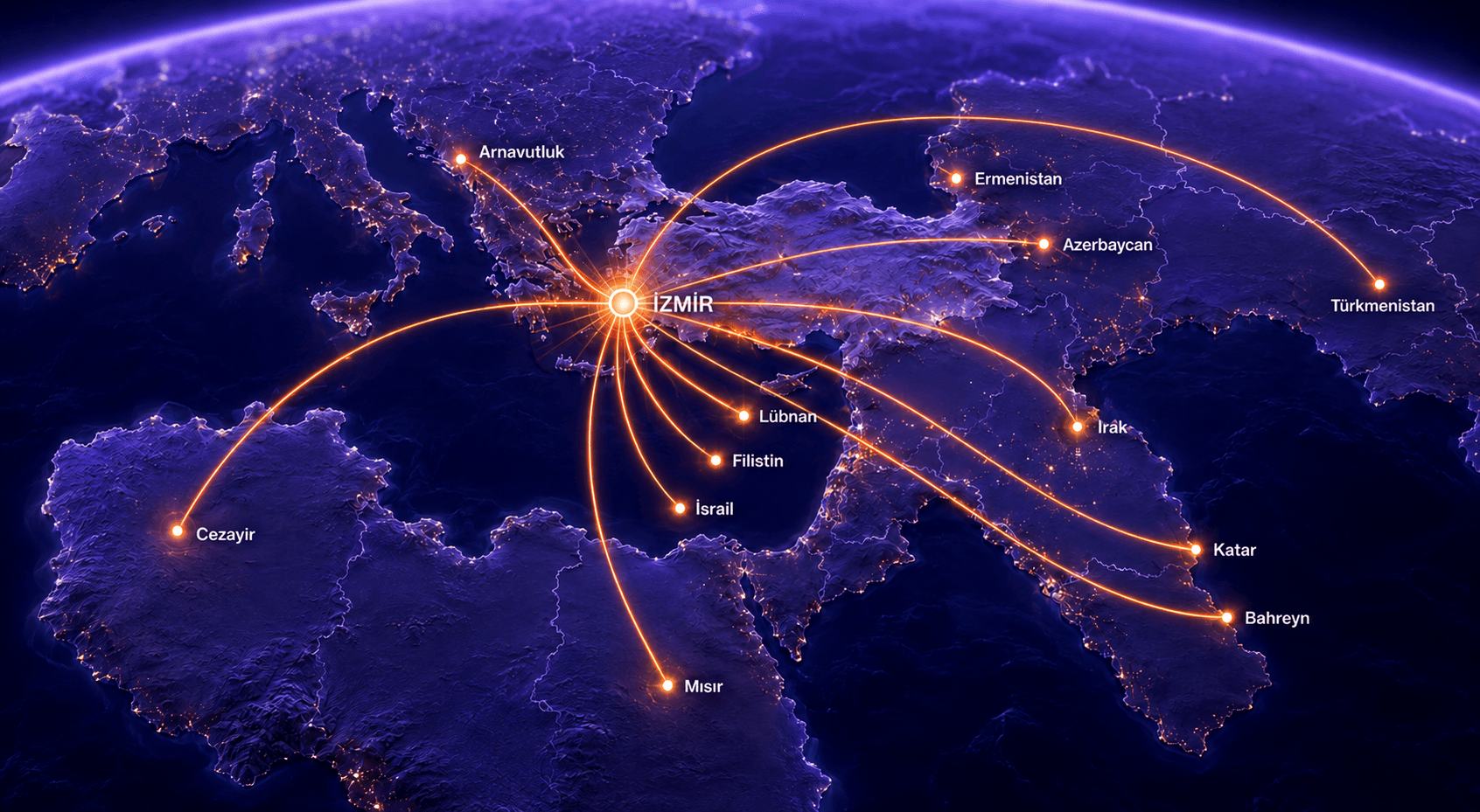 Map of selected Beşel Kalıp export markets centred on İzmir
