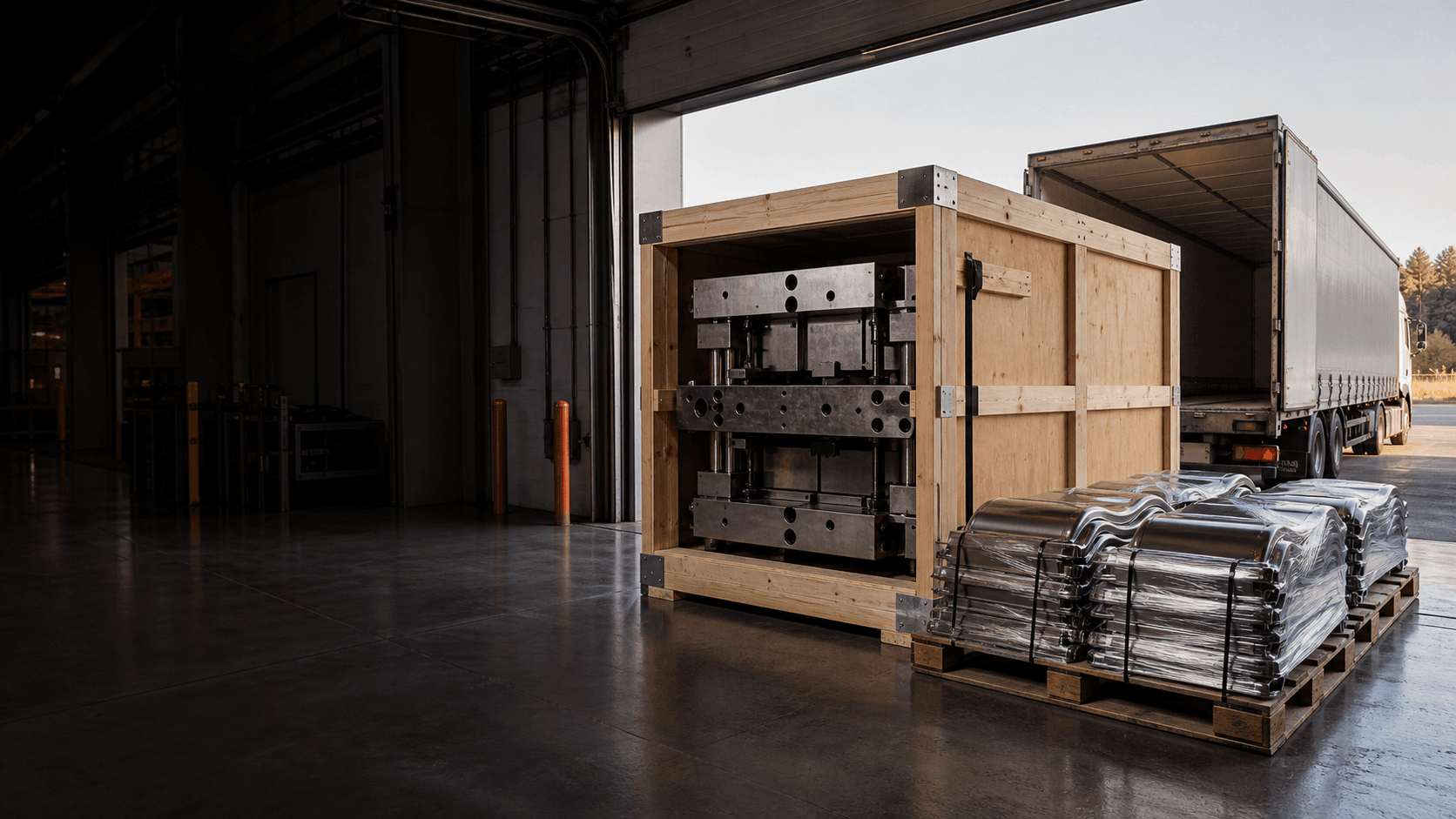 Metal dies and palletised sheet metal parts prepared for export